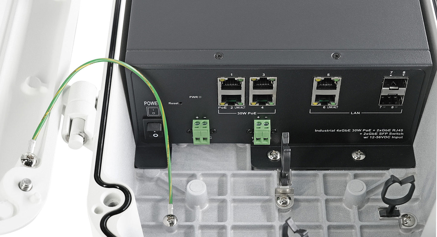 Outdoor 4-Port IP67/IK10 Gigabit PoE+ Switch with 2 SFPs and 2 RJ45 Uplink Ports and 12~56VDC Input | 120W