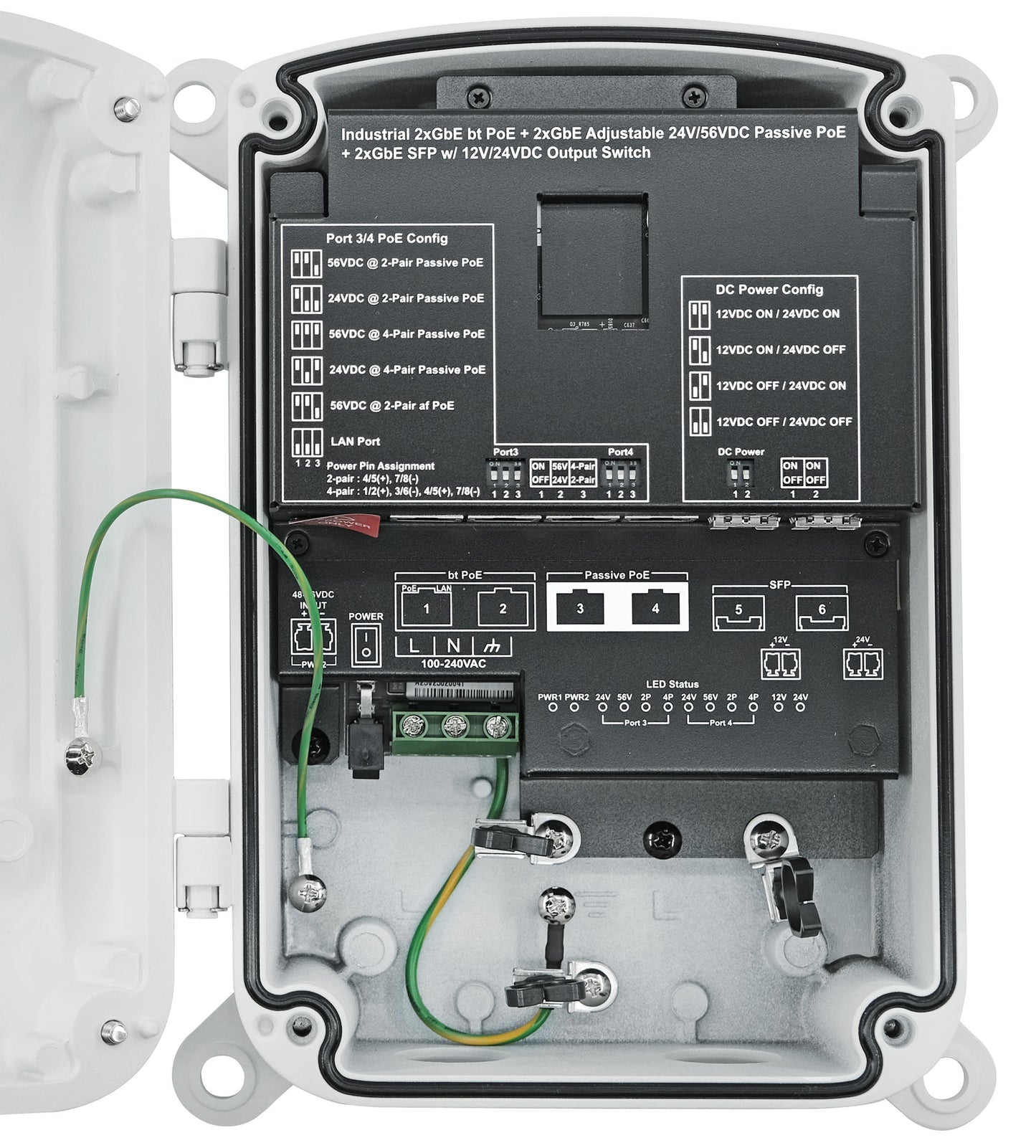 Outdoor IP67/IK10 PoE++ Switch with Adjustable 24V/56VDC Passive PoE and 12V/24VDC Output | 150W