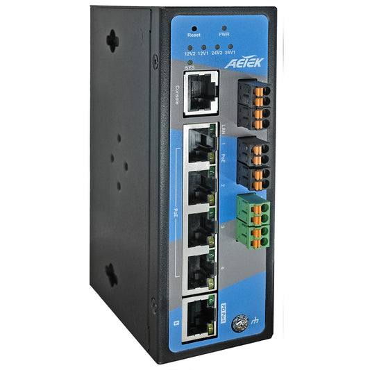 Industrial L2 Managed PRO 4-Port Gigabit PoE-Powered PoE+ Switch with 12V/24VDC Output, 90W PoE++ Input