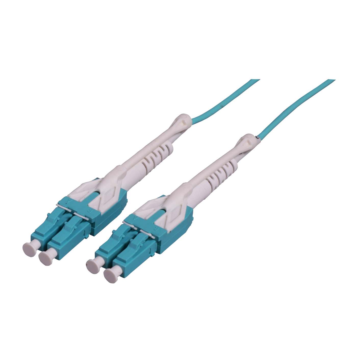 1 m LC to LC UPC Fiber Optic Patch Cable, Uniboot Pull-push tab, 2.0 mm, Duplex, OFNR, OM3 Multimode, Aqua Image 1