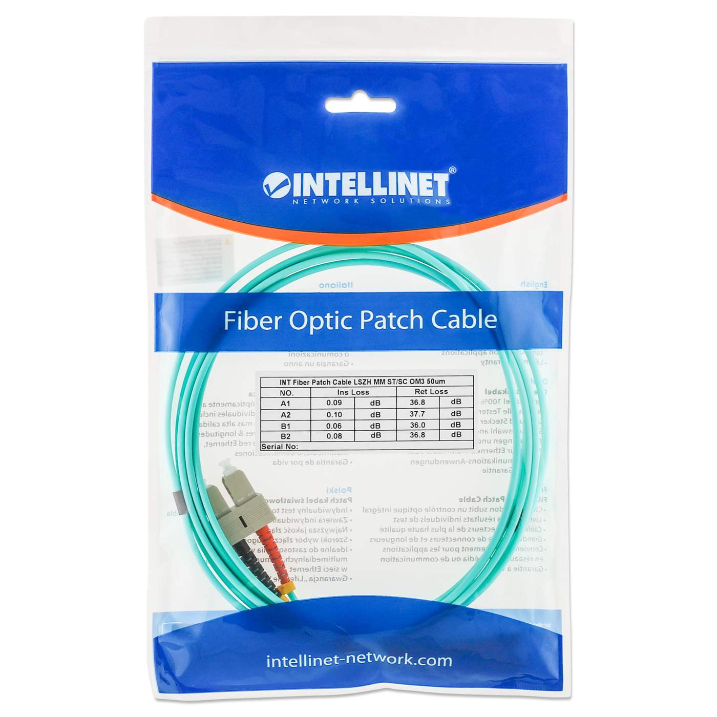 1 m ST to SC UPC Fiber Optic Patch Cable, 3.0 mm, Duplex, LSZH, OM3 Multimode, Aqua Packaging Image 2