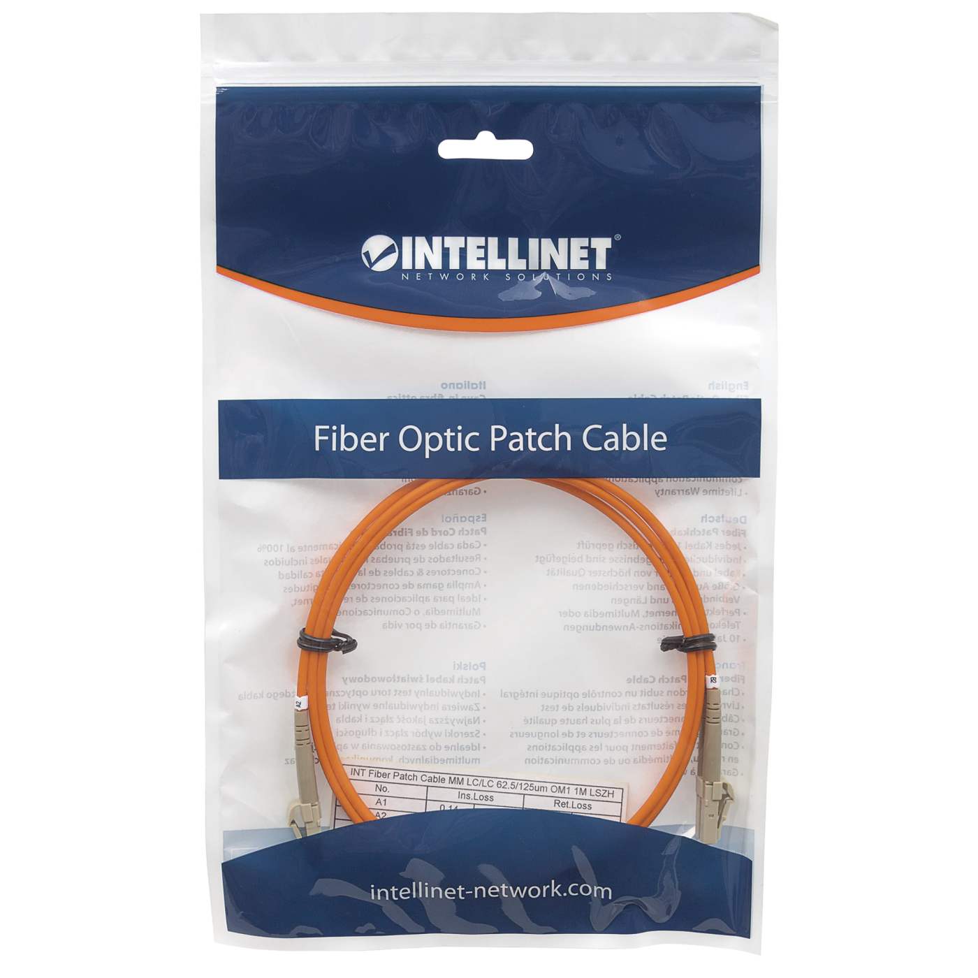 10 m LC to LC UPC Fiber Optic Patch Cable, 3.0 mm, Duplex, LSZH, OM1 Multimode, Orange Packaging Image 2