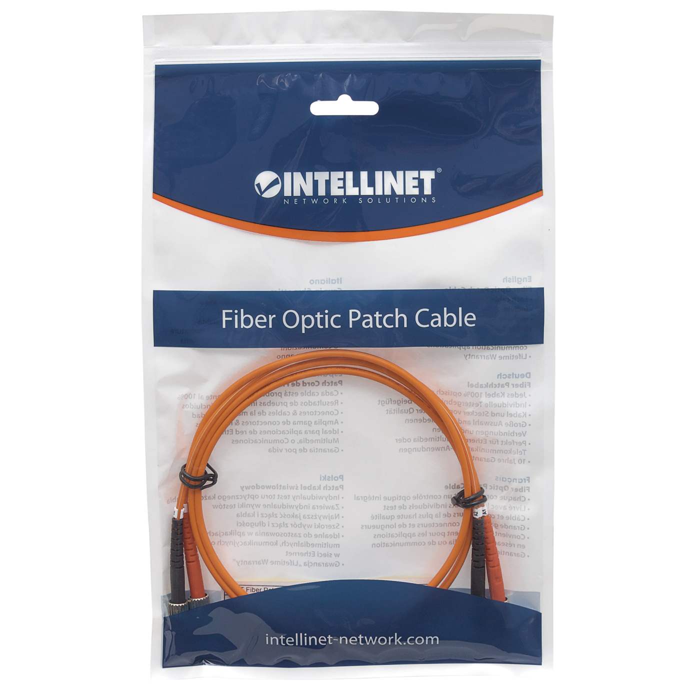 10 m ST to ST UPC Fiber Optic Patch Cable, 3.0 mm, Duplex, LSZH, OM1 Multimode, Orange Packaging Image 2