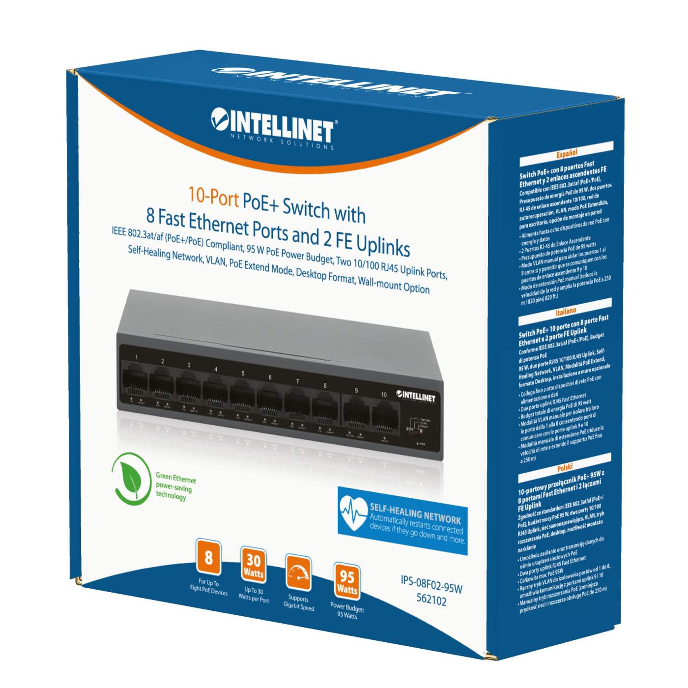 10-Port PoE+ Switch with 8 Fast Ethernet Ports and 2 FE Uplinks Packaging Image 2