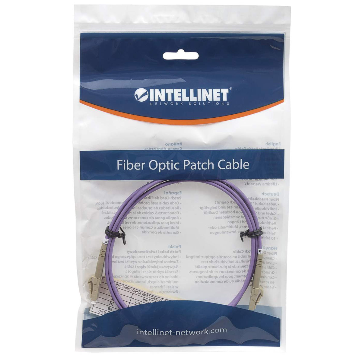20 m LC to LC UPC Fiber Optic Patch Cable, 3.0 mm, Duplex, LSZH, OM4 Multimode, Violet Packaging Image 2