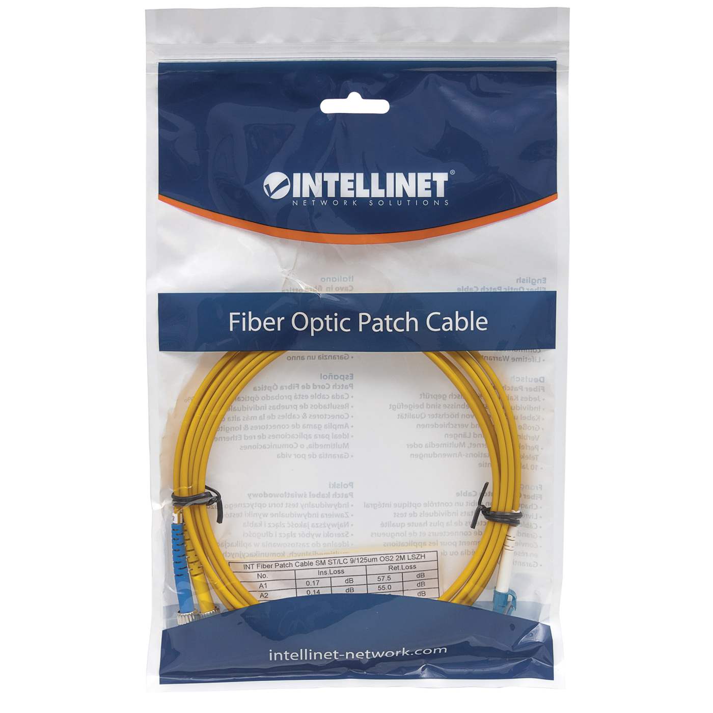 20 m LC to ST UPC Fiber Optic Patch Cable, 3.0 mm, Duplex, LSZH, OS2 Singlemode, Yellow Packaging Image 2