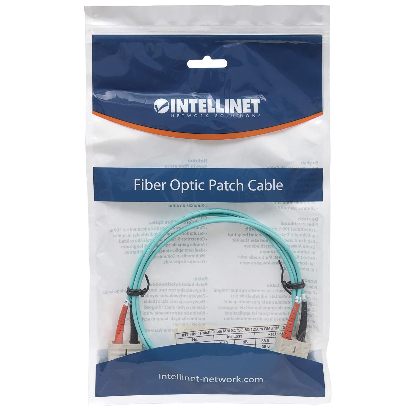 3 m SC to SC UPC Fiber Optic Patch Cable, 3.0 mm, Duplex, LSZH, OM3 Multimode, Aqua Packaging Image 2