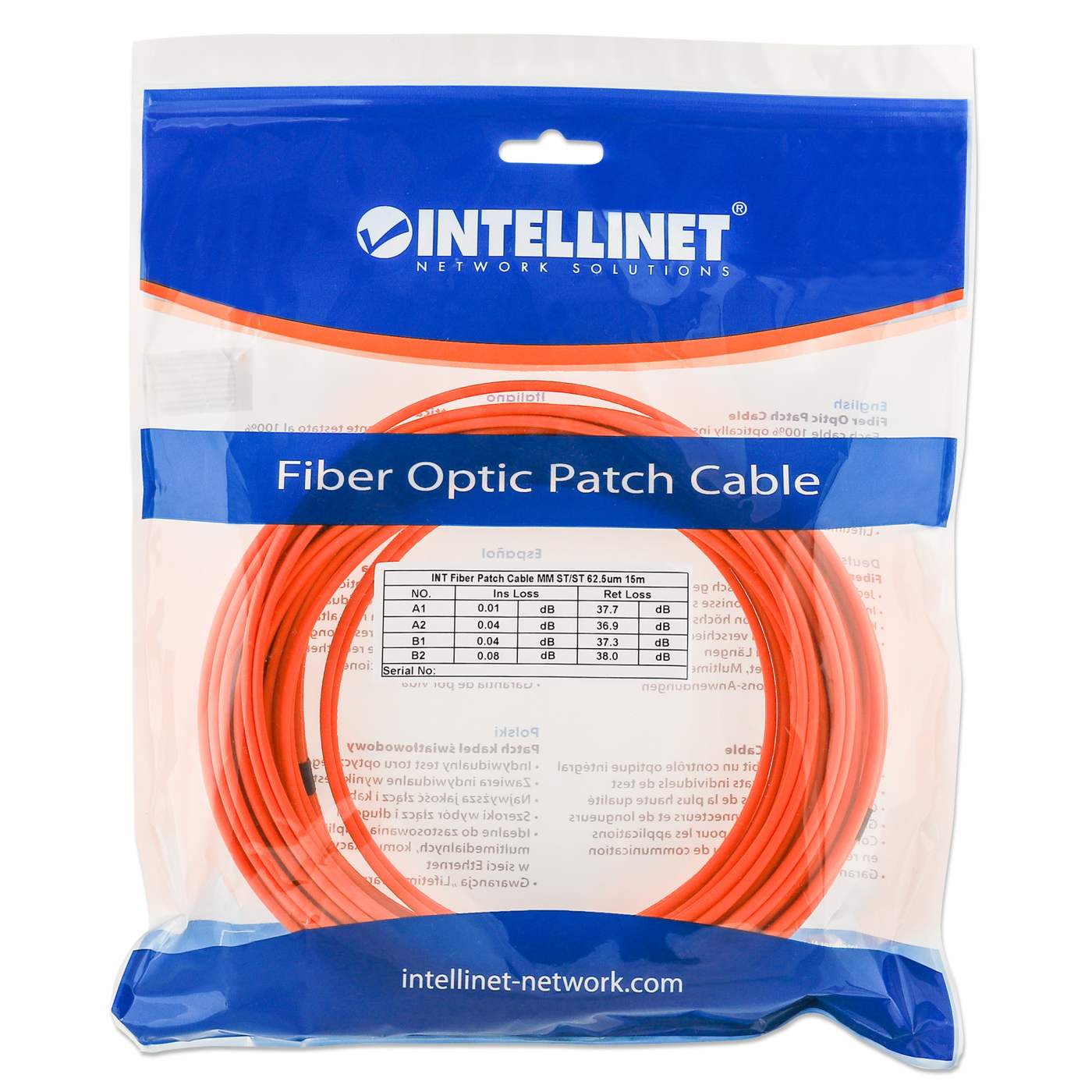 30 m ST to ST UPC Fiber Optic Patch Cable, 3.0 mm, Duplex, LSZH, OM1 Multimode, Orange Packaging Image 2