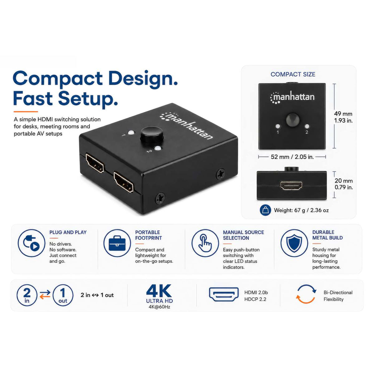 4K@60Hz Bi-Directional 2-Port HDMI Switch Image 11