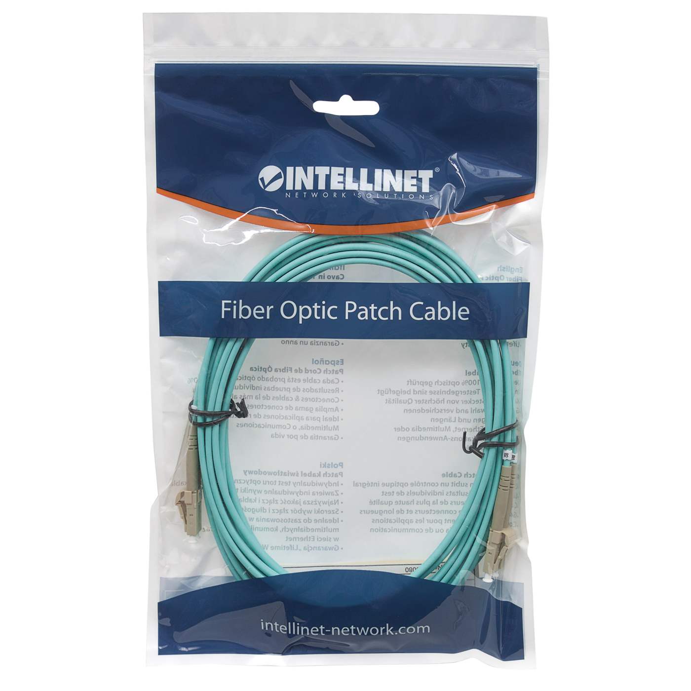 5 m LC to LC UPC Fiber Optic Patch Cable, 3.0 mm, Duplex, LSZH, OM3 Multimode, Aqua Packaging Image 2