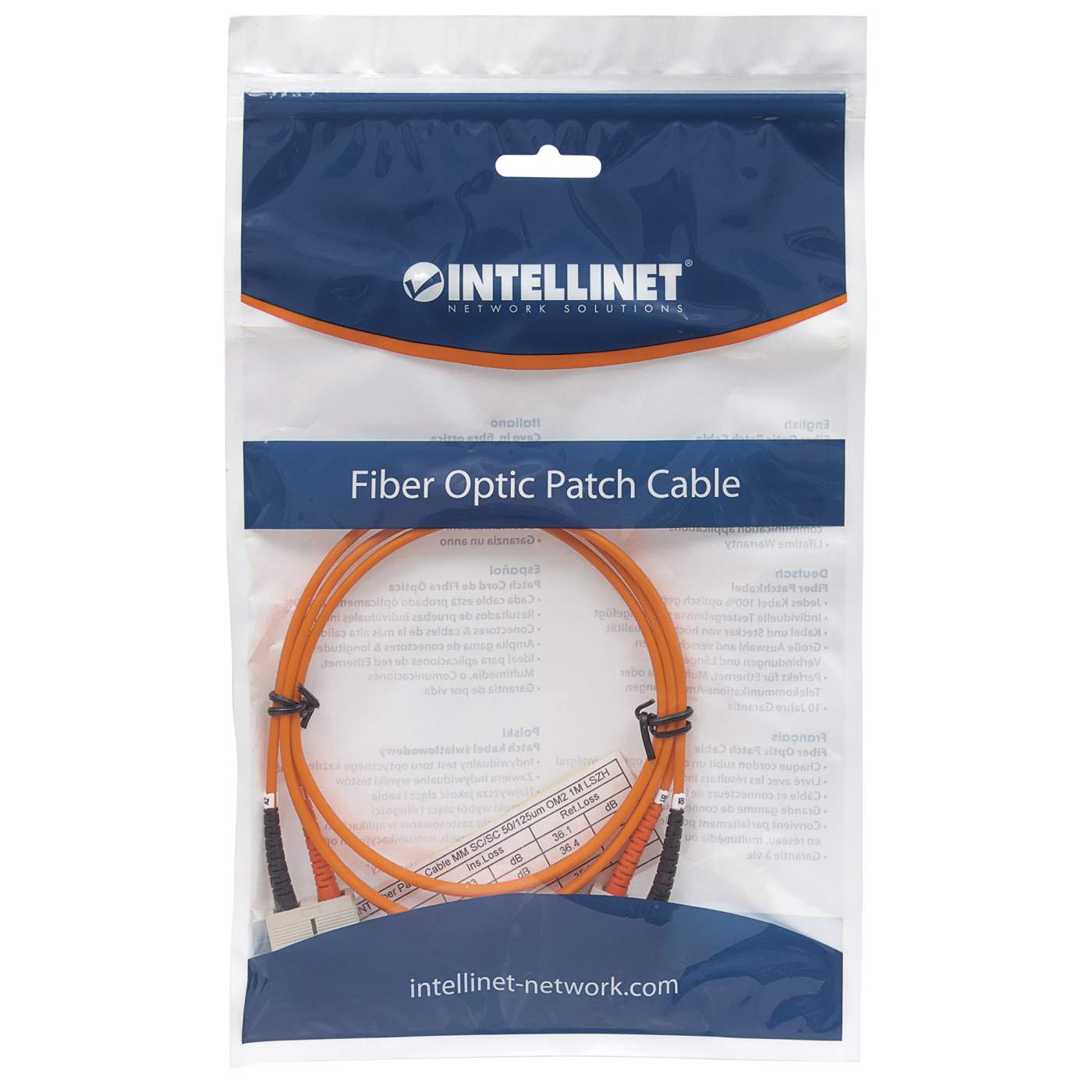 5 m SC to SC UPC Fiber Optic Patch Cable, 3.0 mm, Duplex, LSZH, OM2 Multimode, Orange Packaging Image 2