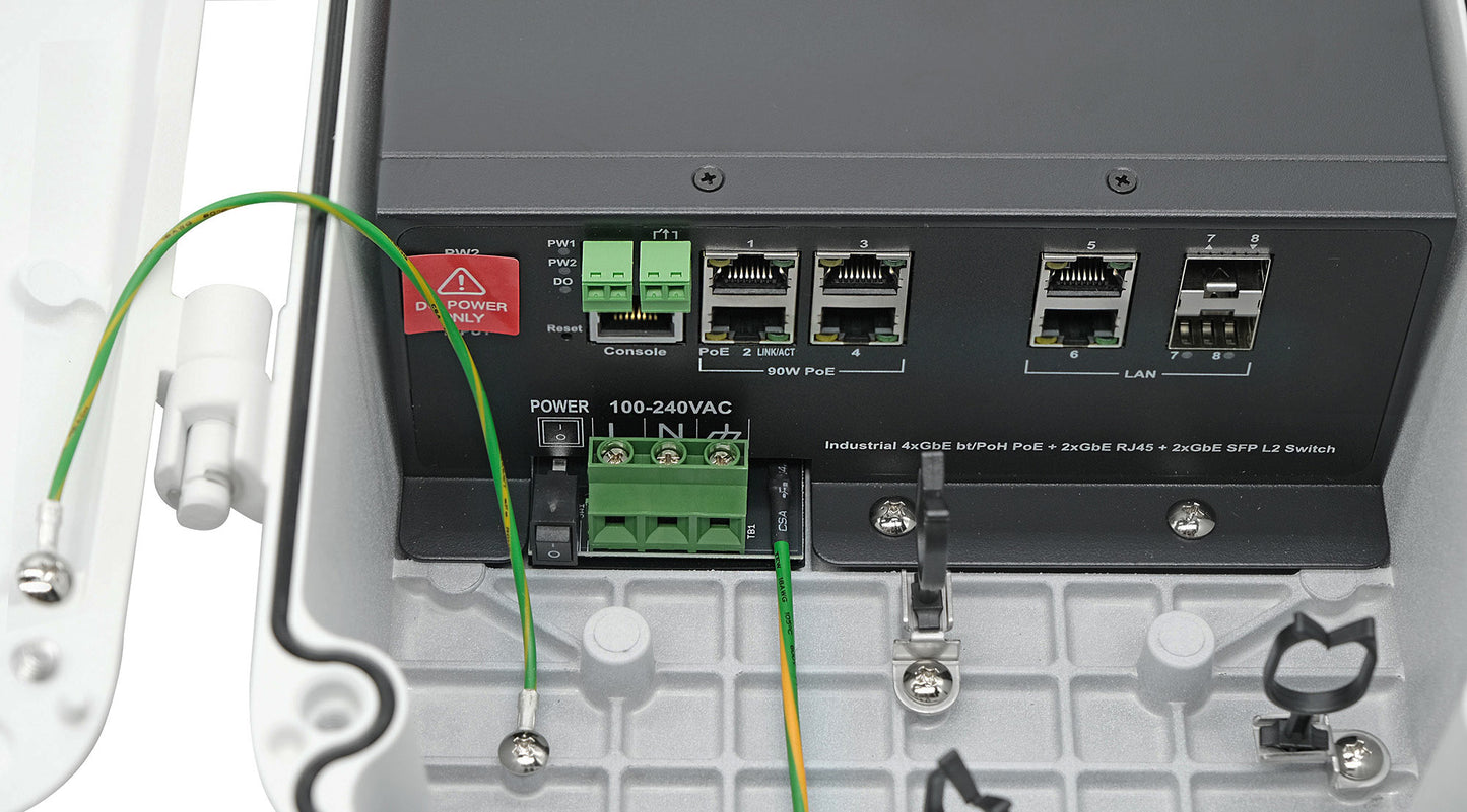 Outdoor Managed IP67/IK10 4-Port PoE++/PoH Switch with 2 RJ45 Gigabit and 2 SFP Uplink Ports | 250W