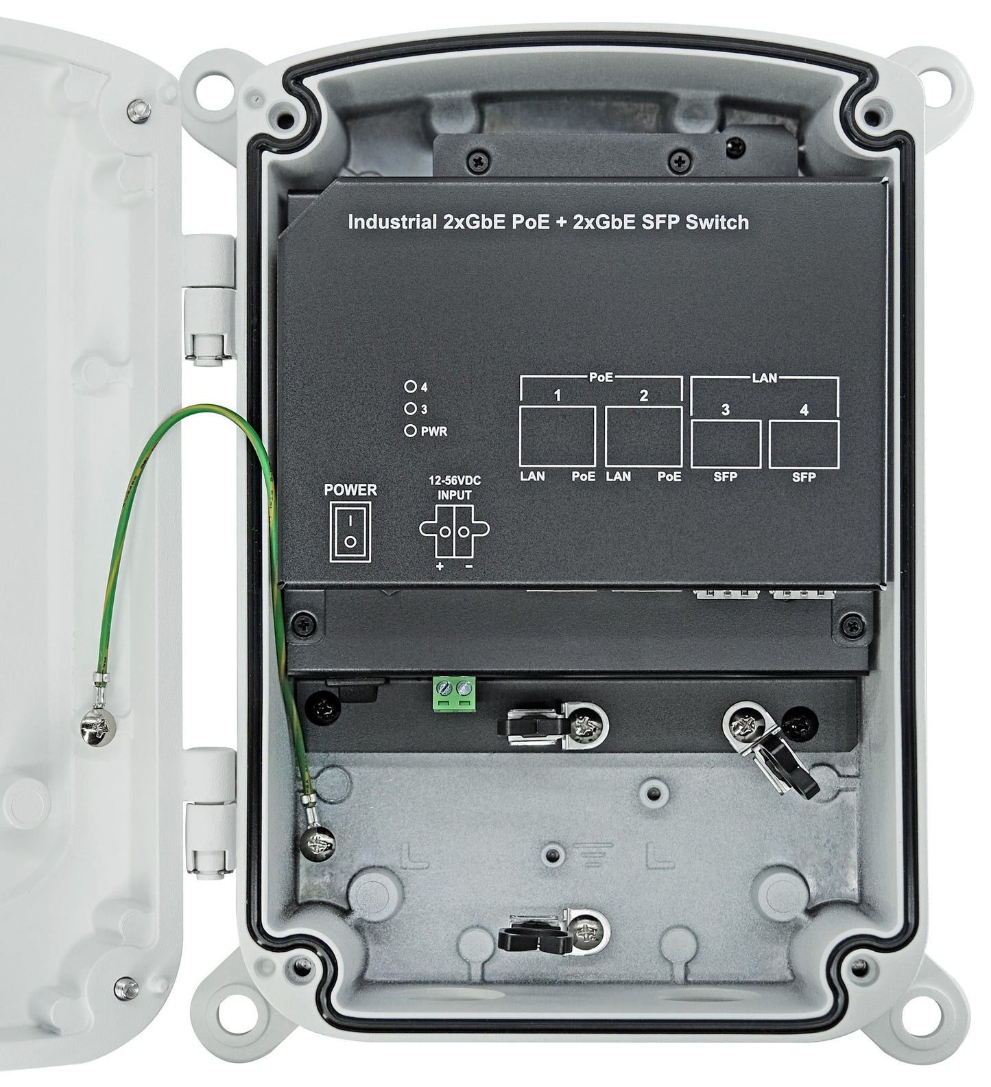 Outdoor 2-Port IP67/IK10 Gigabit PoE++ Switch with 2 SFPs and 12~56VDC Input | 180W
