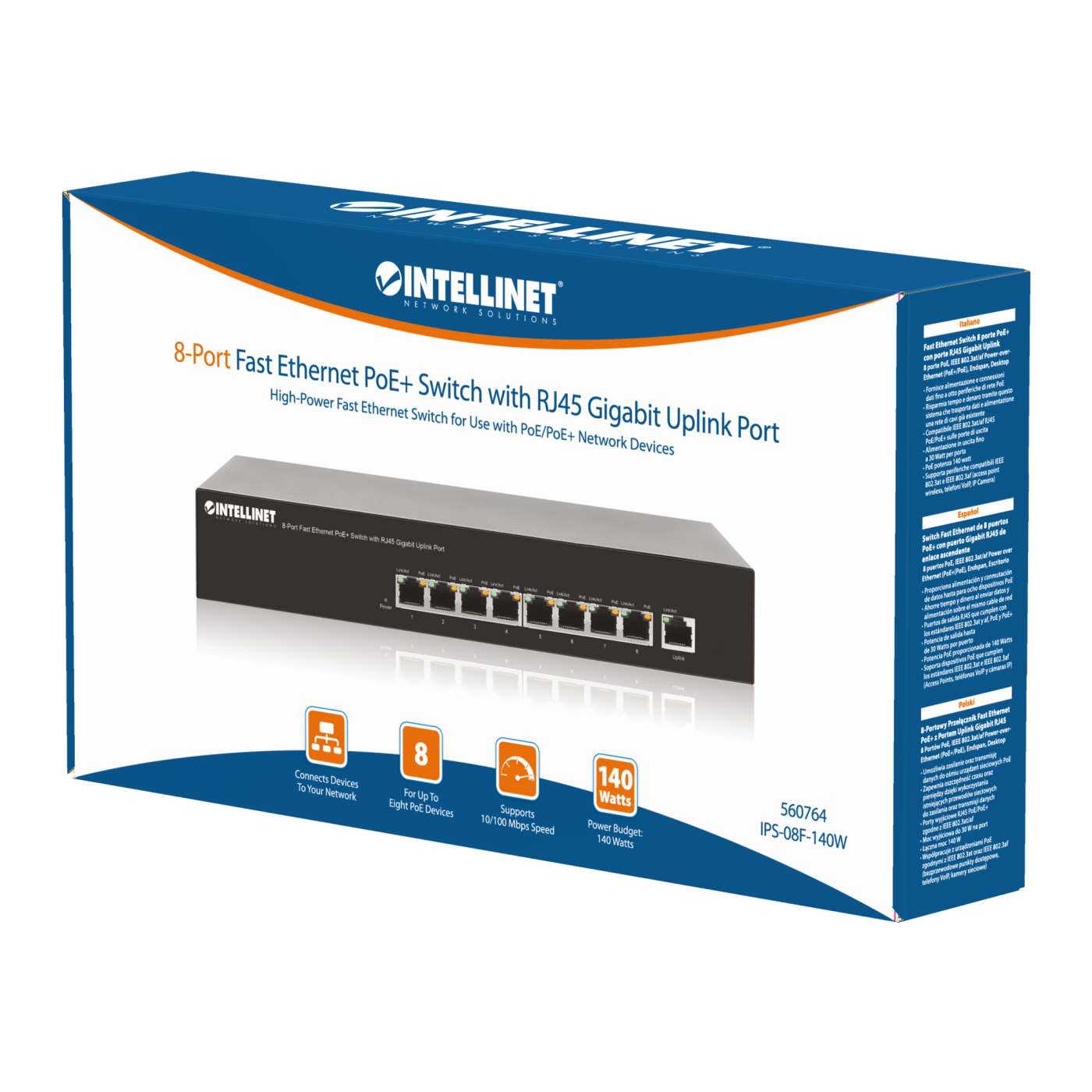 9-Port Fast Ethernet PoE+ Switch with Gigabit Uplink Packaging Image 2