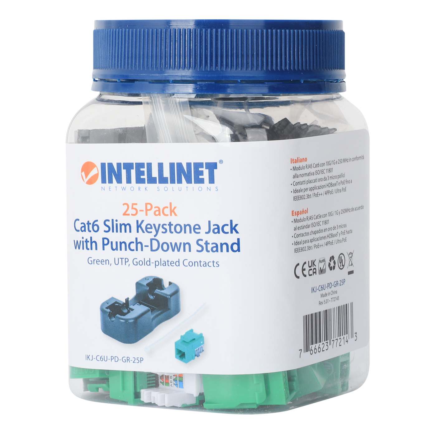 Cat6 Slim Keystone Jack with Punch-Down Stand, Green, 25-Pack Packaging Image 2