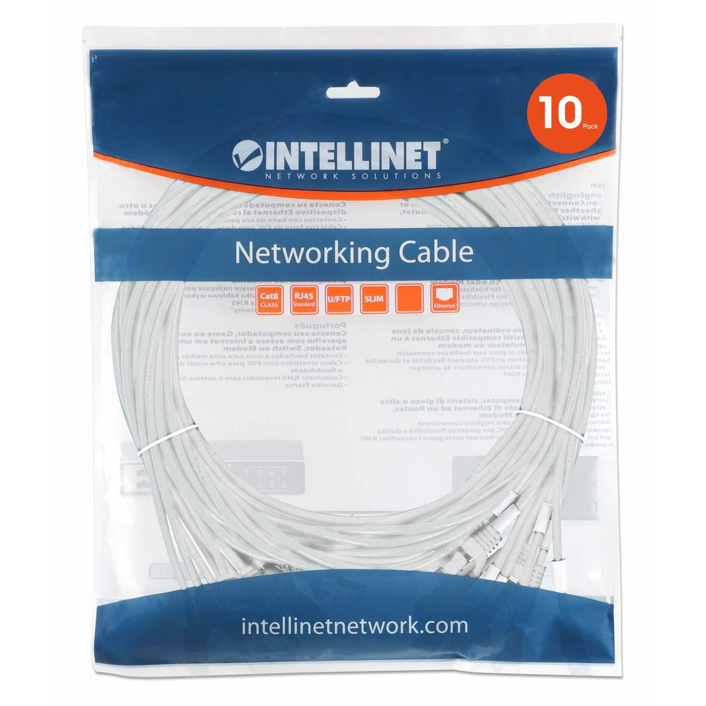 Cat8.1 U/FTP Slim Network Patch Cable, 1.5 ft., White, 10-Pack Packaging Image 2