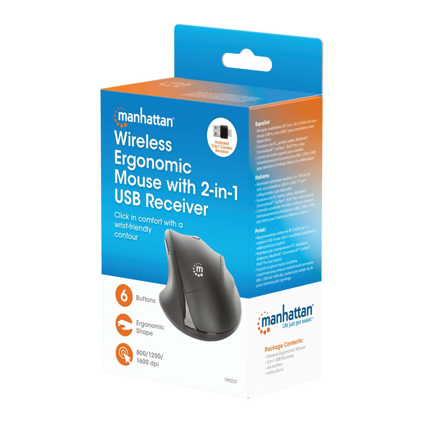 Ergonomic Wireless Mouse with 2-in-1 USB Receiver Packaging Image 2