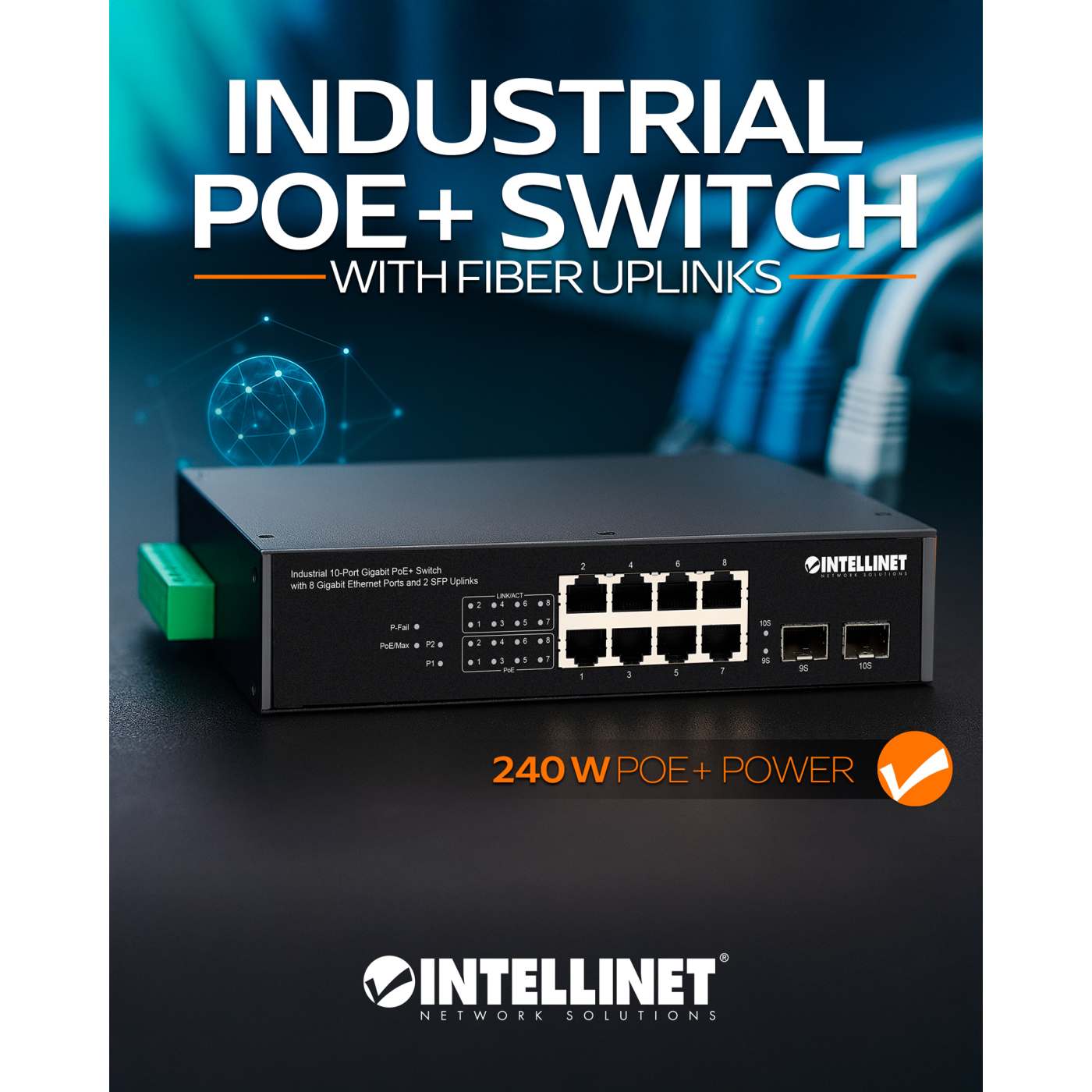 Industrial 10-Port Gigabit PoE+ Switch with 8 Gigabit Ethernet Ports and 2 SFP Uplinks Image 9