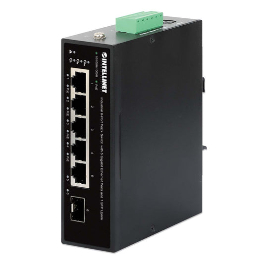 Industrial 6-Port PoE+ Switch with 5 Gigabit Ethernet Ports and 1 SFP Uplink Image 1