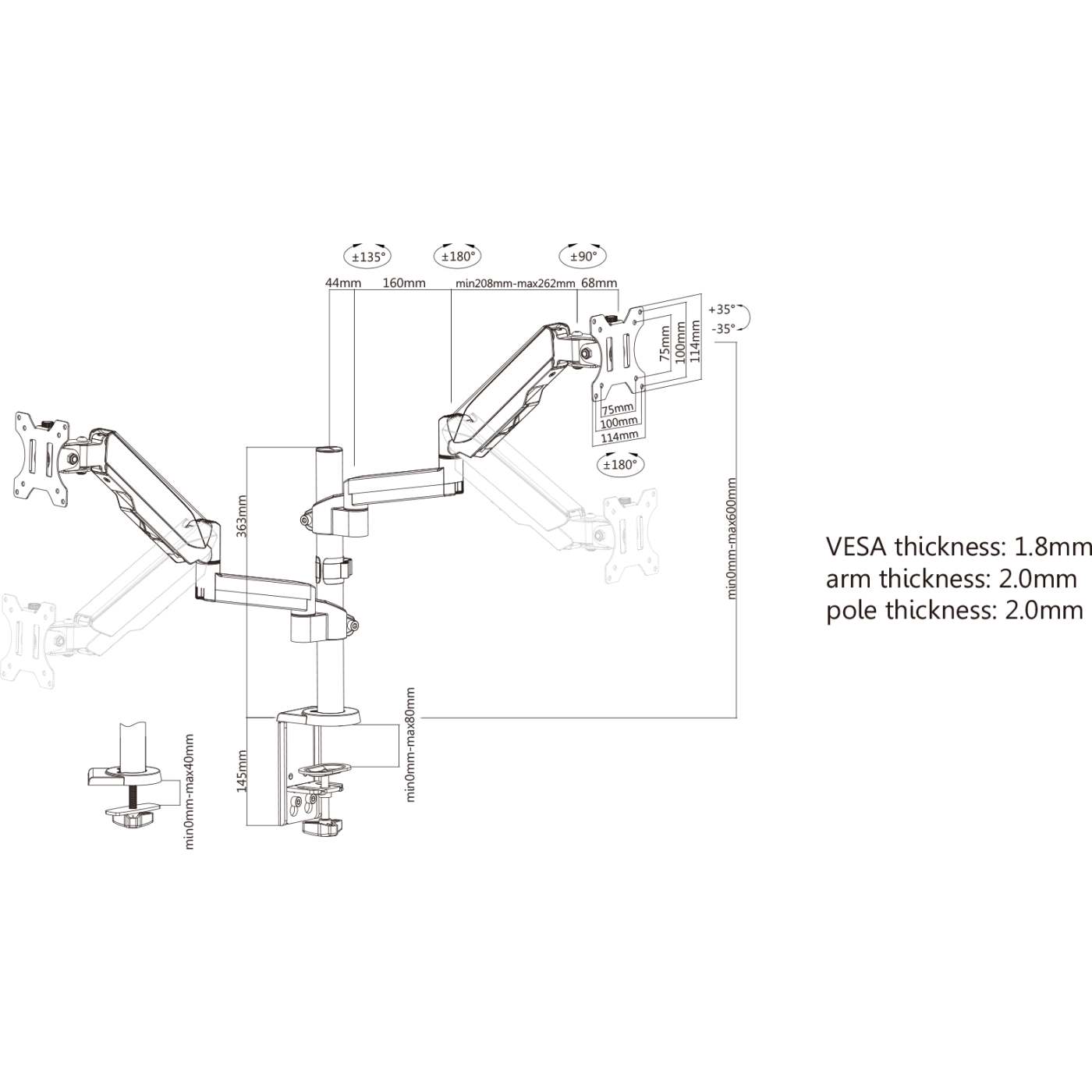 Universal Gas Spring Monitor Mount with Height-Adjustable Arms, for 17" to 32" Displays Image 11